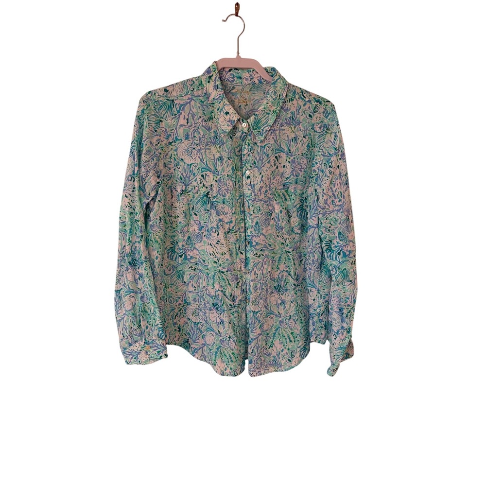 Lilly Pulitzer Linen Button Down Shirt‎ XL Blue Green Coral Reef 004723
